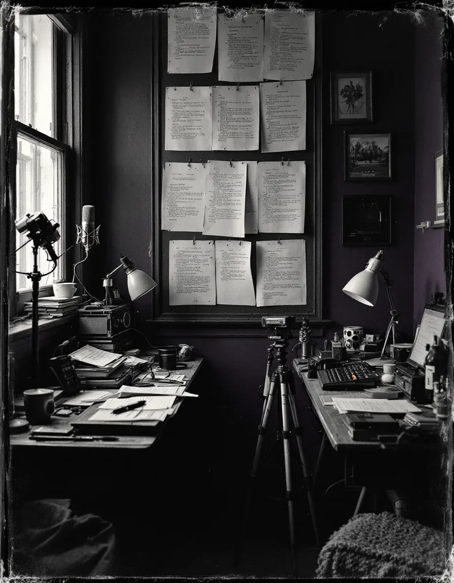 Two facing desks in the Brooklyn studio, script pages pinned above and a microphone between them
