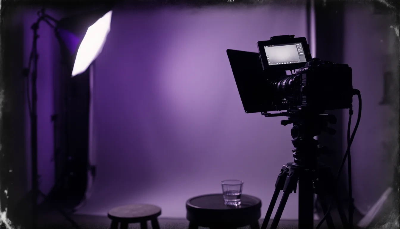 A camera and teleprompter set up for a shoot day