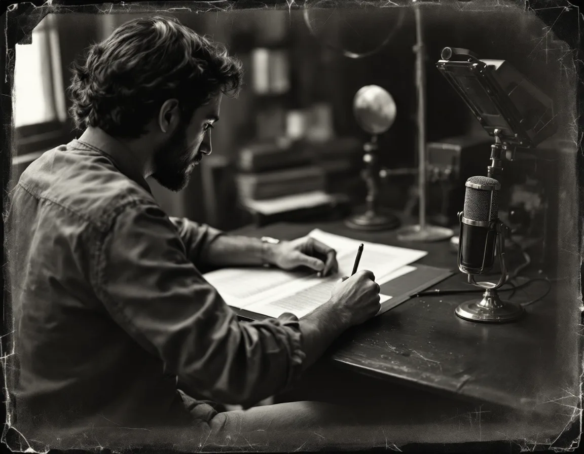 Tintype-style photograph of a course writer marking up a script beside a vintage microphone